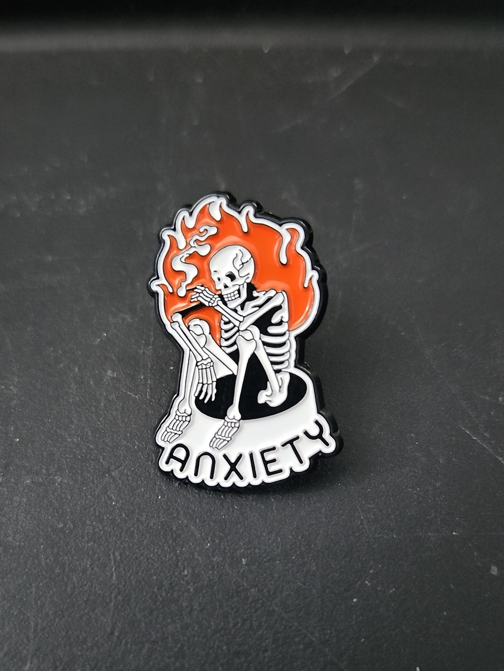 Anxiety Skeleton Enamel Pin - Orange & White